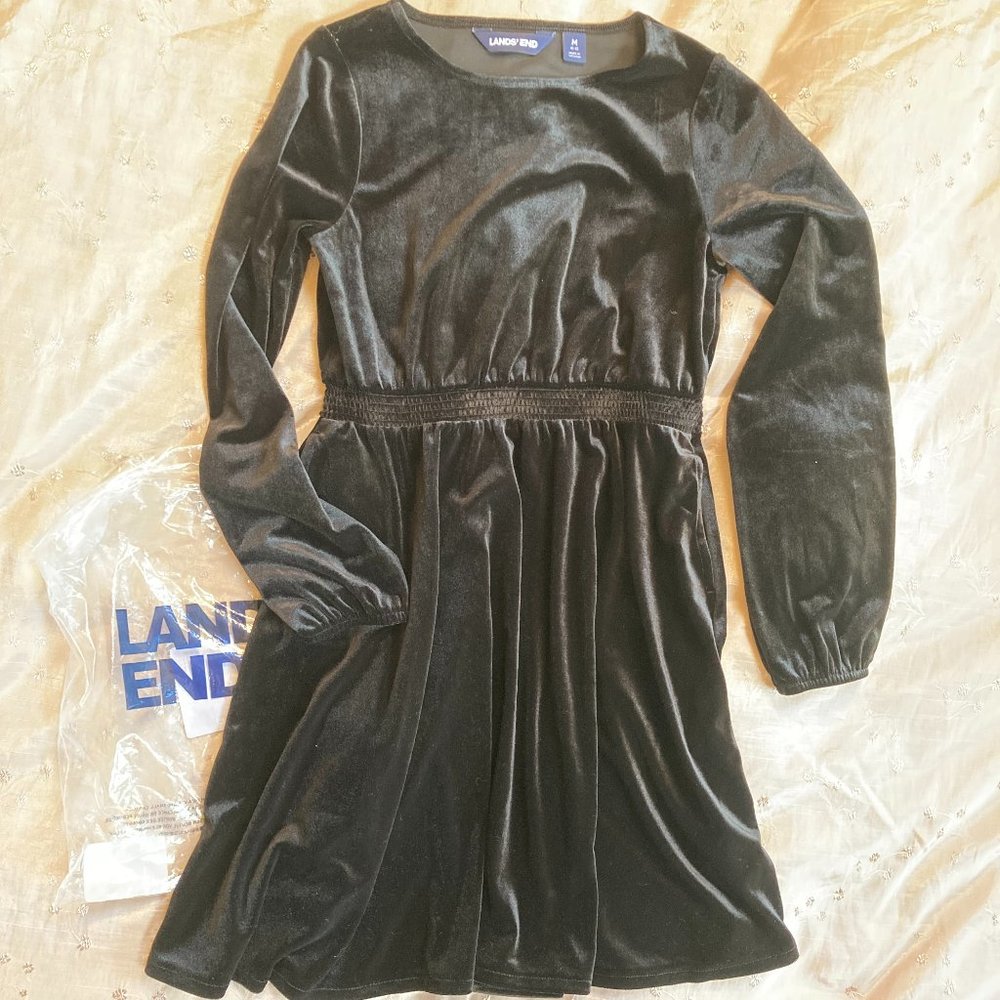 New Lands' End Sz. M 10-12 Velveteen Twirl Dress Black Winter Holiday